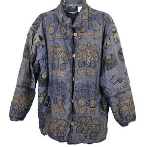 Nancy K Art To Wear Jacket Women Free Size Blue Applique Animals Llama Vtg Boho
